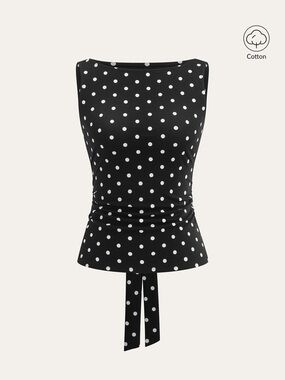 Commense Black & White Polka Dot Tie-Waist Tank